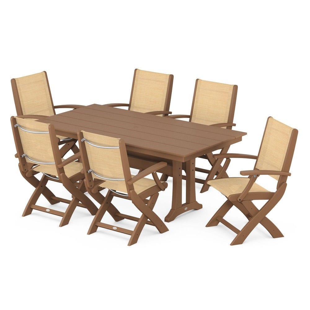 POLYWOOD® - Coastal Folding Arm Chair 7-Piece Farmhouse Dining Set with Trestle Legs - PWS292