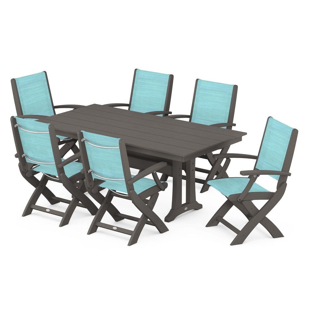 POLYWOOD® - Coastal Folding Arm Chair 7-Piece Farmhouse Dining Set with Trestle Legs - PWS292
