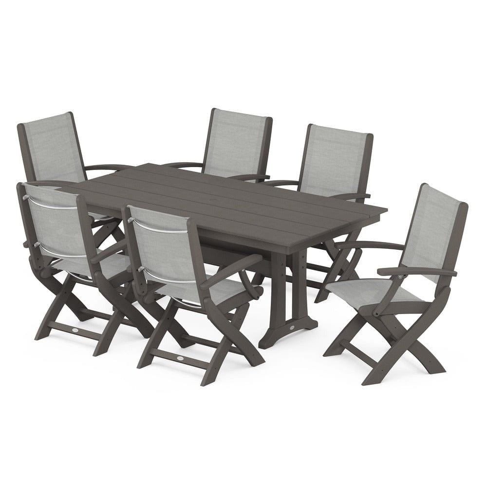 POLYWOOD® - Coastal Folding Arm Chair 7-Piece Farmhouse Dining Set with Trestle Legs - PWS292