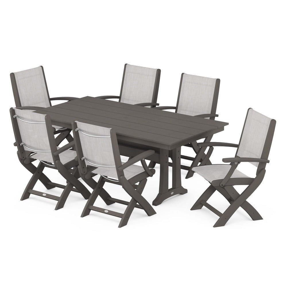 POLYWOOD® - Coastal Folding Arm Chair 7-Piece Farmhouse Dining Set with Trestle Legs - PWS292