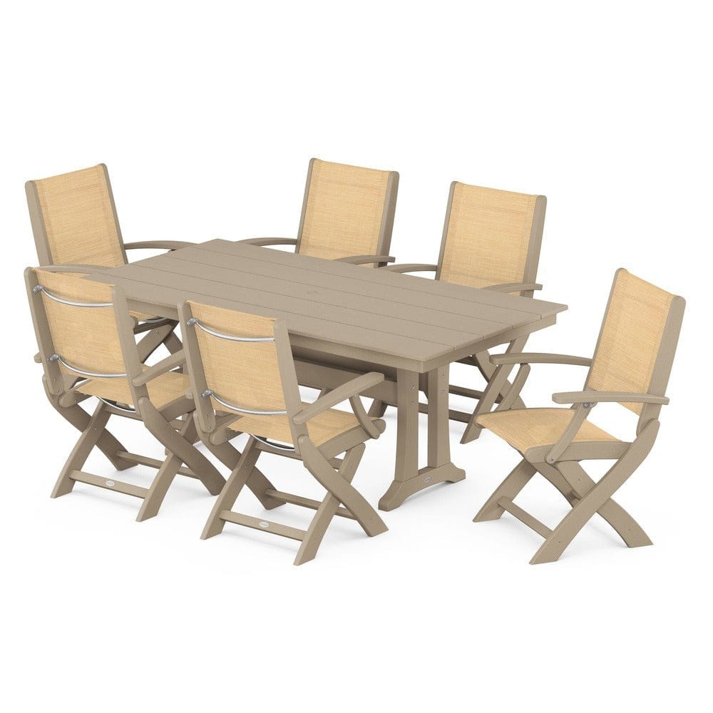 POLYWOOD® - Coastal Folding Arm Chair 7-Piece Farmhouse Dining Set with Trestle Legs - PWS292