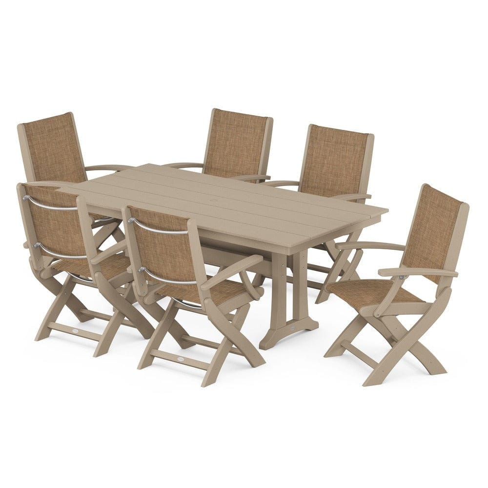 POLYWOOD® - Coastal Folding Arm Chair 7-Piece Farmhouse Dining Set with Trestle Legs - PWS292