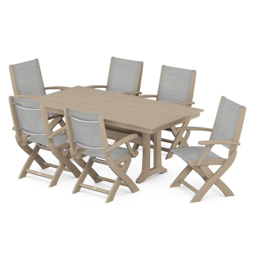 POLYWOOD® - Coastal Folding Arm Chair 7-Piece Farmhouse Dining Set with Trestle Legs - PWS292