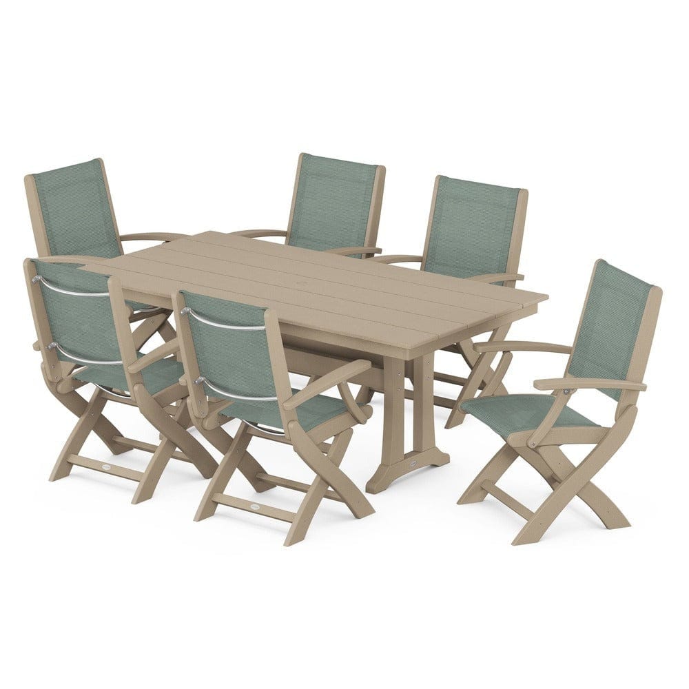 POLYWOOD® - Coastal Folding Arm Chair 7-Piece Farmhouse Dining Set with Trestle Legs - PWS292