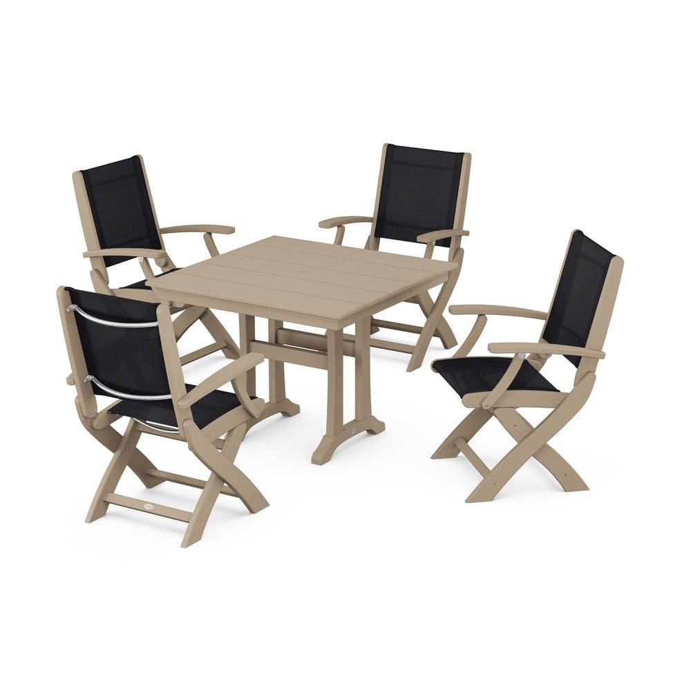 POLYWOOD® - Coastal Folding Chair 5-Piece Farmhouse Dining Set With Trestle Legs - PWS945