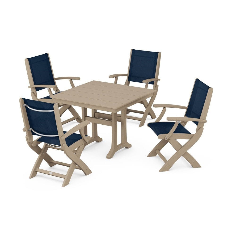 POLYWOOD® - Coastal Folding Chair 5-Piece Farmhouse Dining Set With Trestle Legs - PWS945
