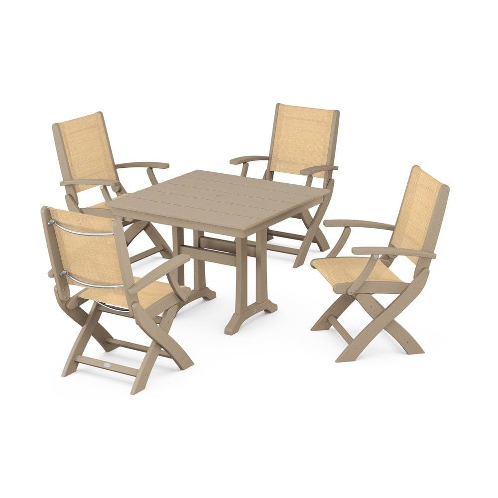 POLYWOOD® - Coastal Folding Chair 5-Piece Farmhouse Dining Set With Trestle Legs - PWS945