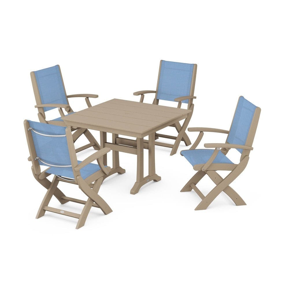 POLYWOOD® - Coastal Folding Chair 5-Piece Farmhouse Dining Set With Trestle Legs - PWS945