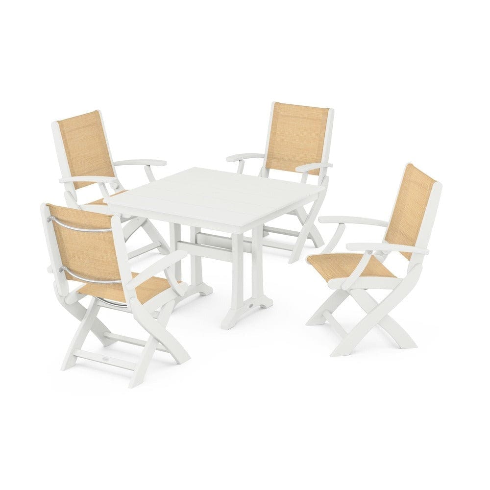 POLYWOOD® - Coastal Folding Chair 5-Piece Farmhouse Dining Set With Trestle Legs - PWS945