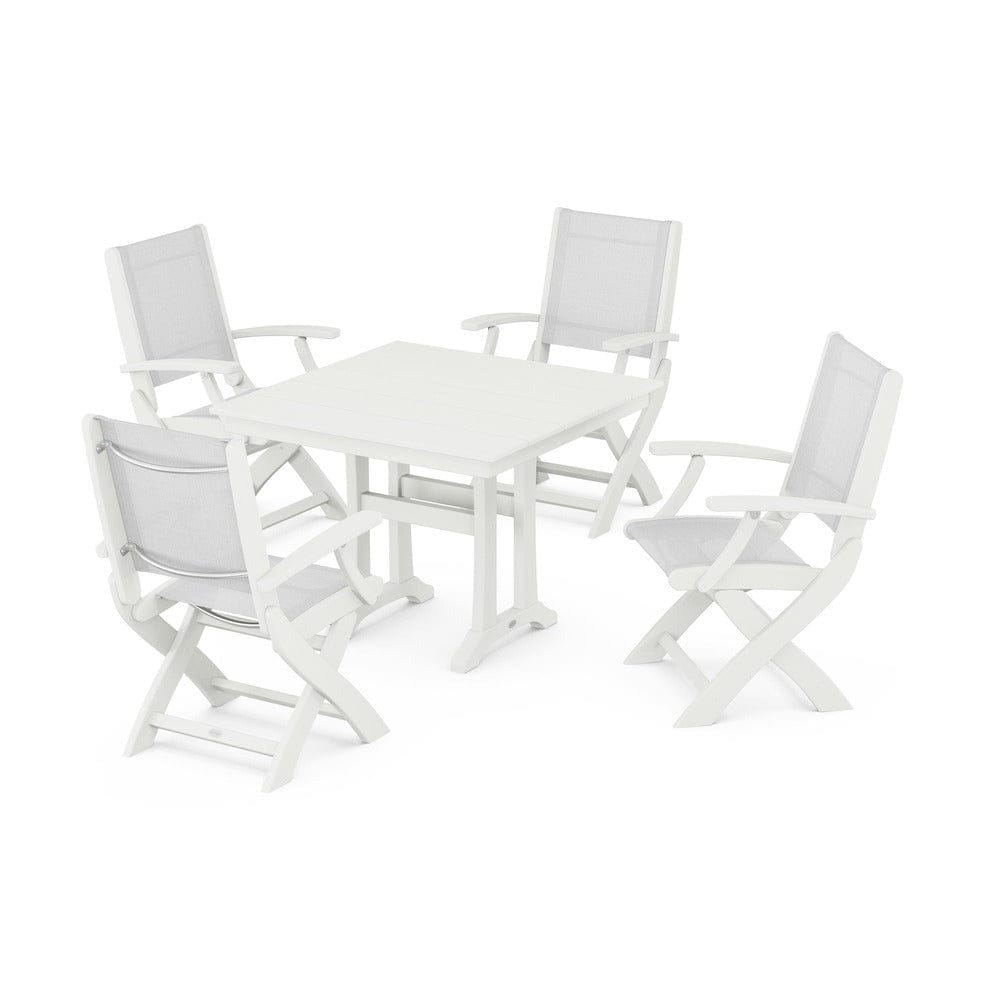 POLYWOOD® - Coastal Folding Chair 5-Piece Farmhouse Dining Set With Trestle Legs - PWS945 Outdoor Furniture POLYWOOD®