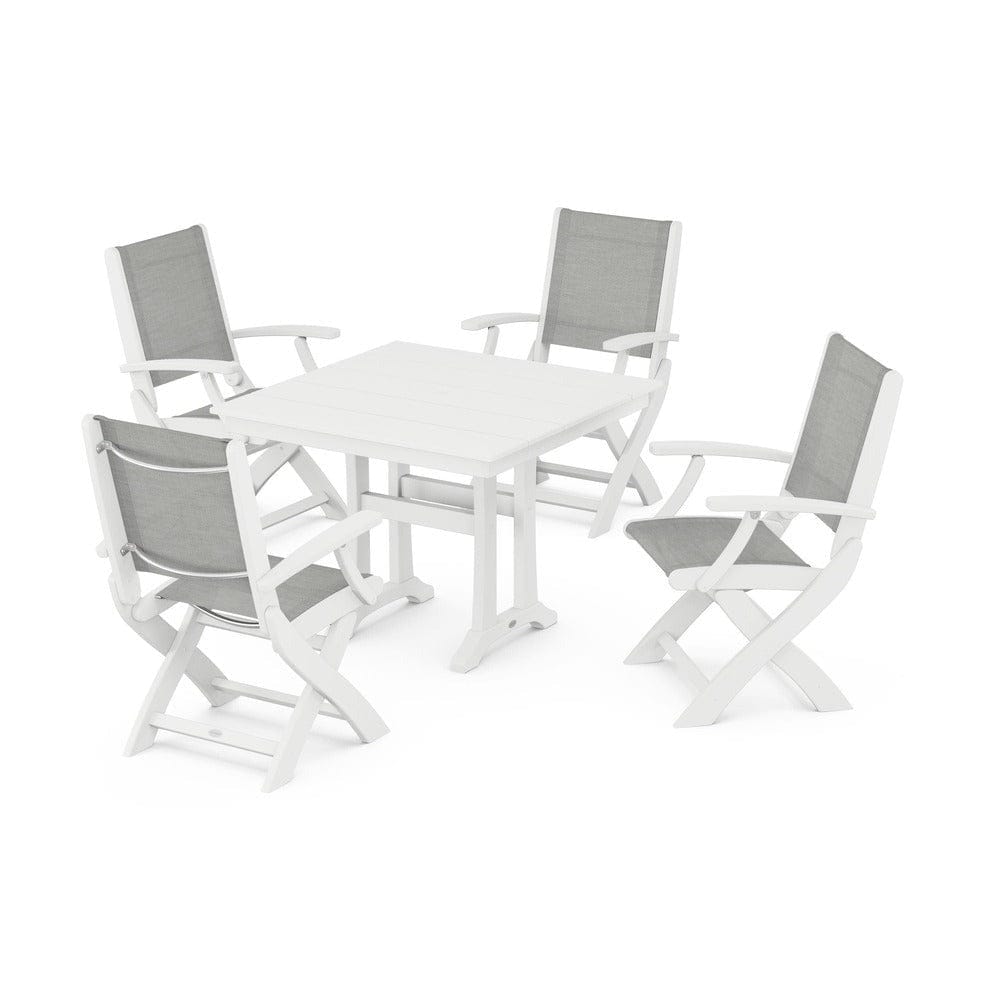 POLYWOOD® - Coastal Folding Chair 5-Piece Farmhouse Dining Set With Trestle Legs - PWS945