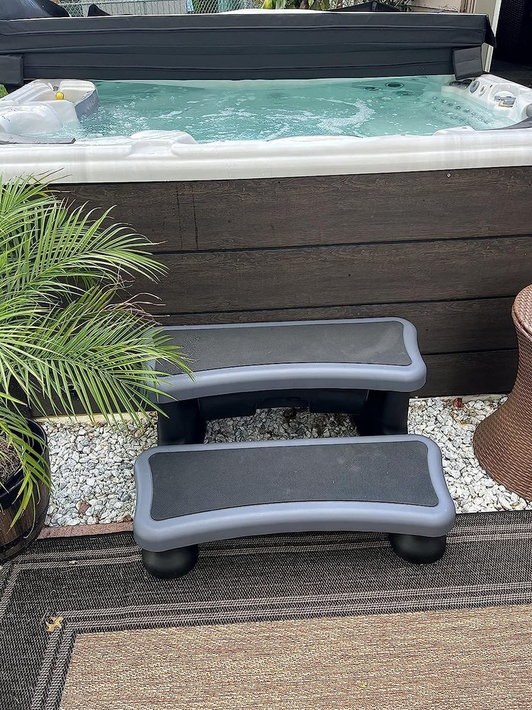 Two-Step Resin Hot Tub Step - Slip-Resistant, Sturdy, & Stylish with Storage Drawer Hot Tub Accessories Outdoor Innovations
