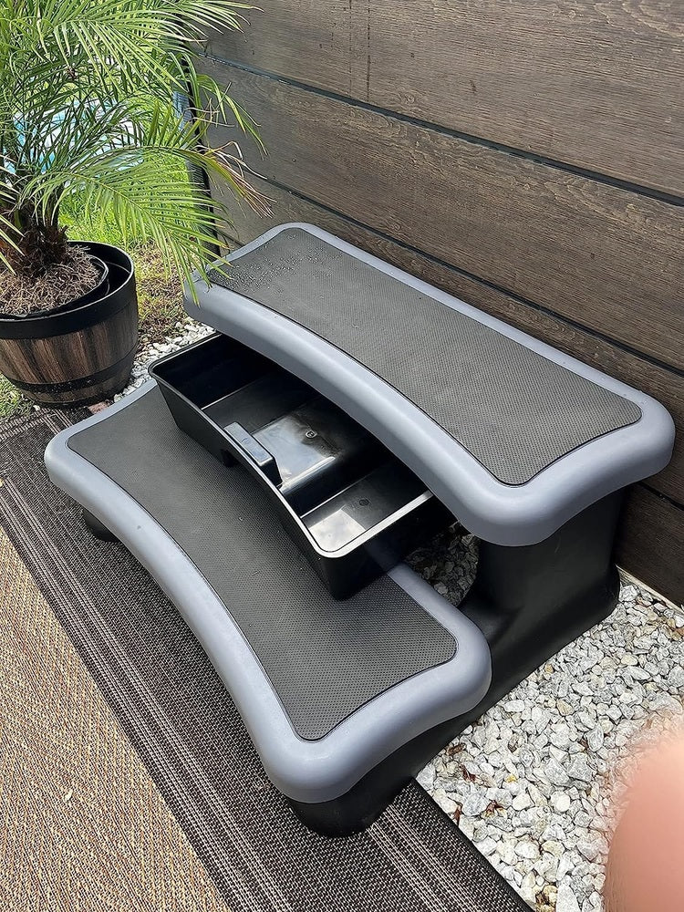Two-Step Resin Hot Tub Step - Slip-Resistant, Sturdy, & Stylish with Storage Drawer Hot Tub Accessories Outdoor Innovations