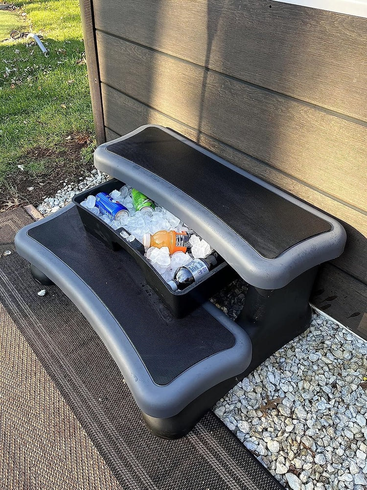 Two-Step Resin Hot Tub Step - Slip-Resistant, Sturdy, & Stylish with Storage Drawer Hot Tub Accessories Outdoor Innovations