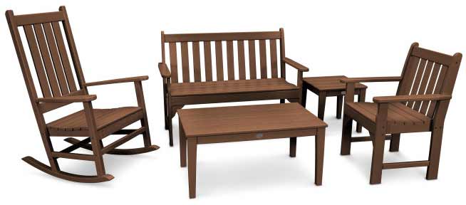 POLYWOOD® Vineyard 5-Piece Bench & Rocking Chair Set - PWS357-1 Teak