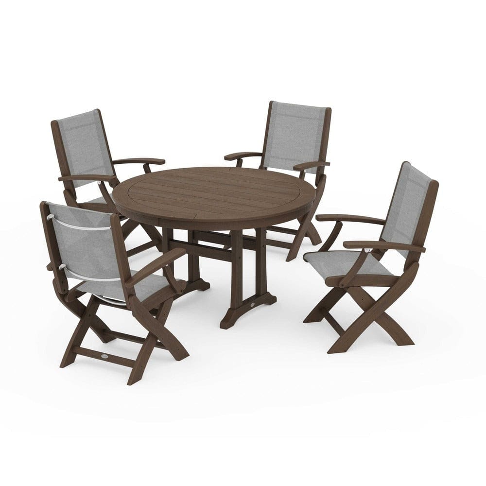 POLYWOOD® - Coastal Folding Chair 5-Piece Round Dining Set with Trestle Legs - PWS1120 Outdoor Furniture POLYWOOD®
