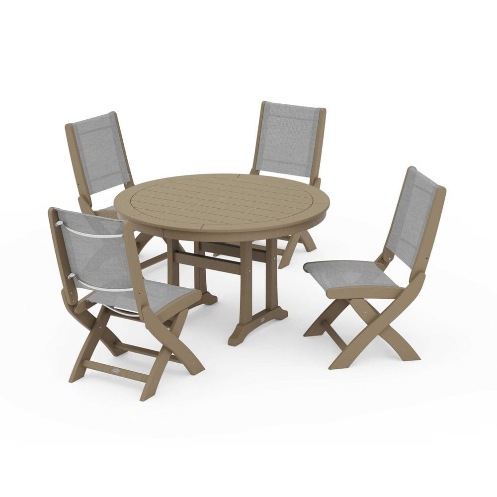 POLYWOOD® - Coastal Folding Side Chair 5-Piece Round Dining Set With Trestle Legs - PWS1121