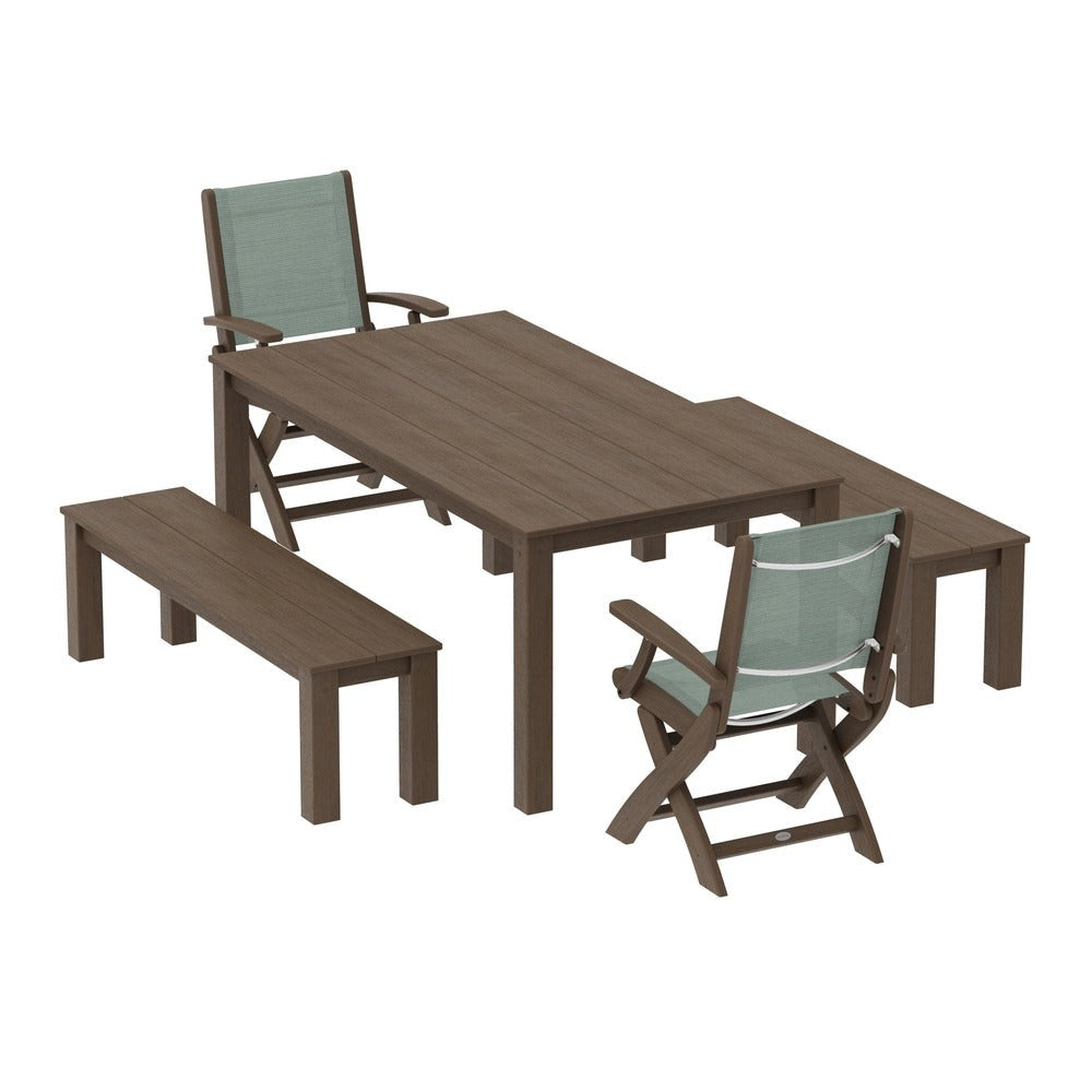 POLYWOOD® - Coastal Folding Chair 5-Piece Parsons Dining Set with Benches - PWS2273