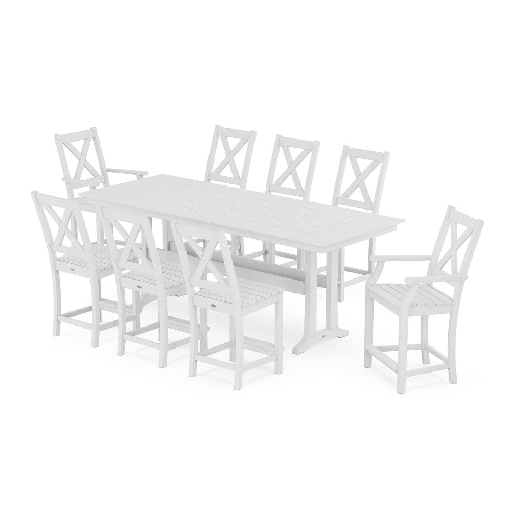 POLYWOOD® Braxton 9-Piece Farmhouse Counter Set with Trestle Legs - White PWS1895-1-WH