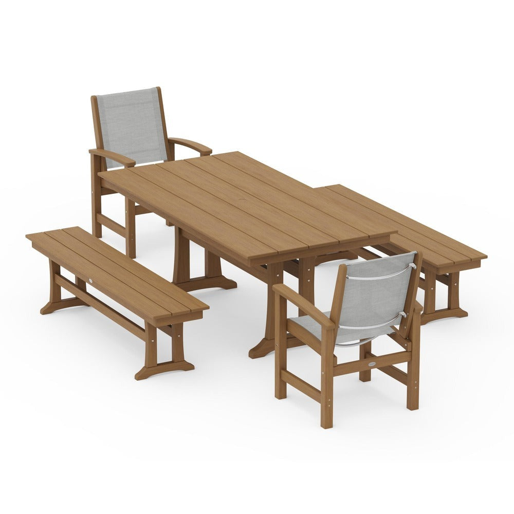 POLYWOOD® - Coastal 5-Piece Farmhouse Dining Set with Trestle Legs and Benches - PWS1000