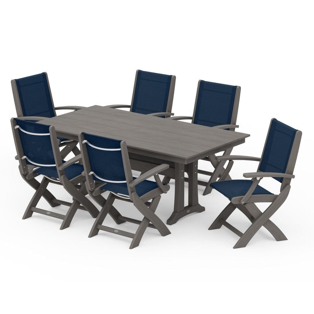 POLYWOOD® - Coastal Folding Arm Chair 7-Piece Farmhouse Dining Set with Trestle Legs - PWS292