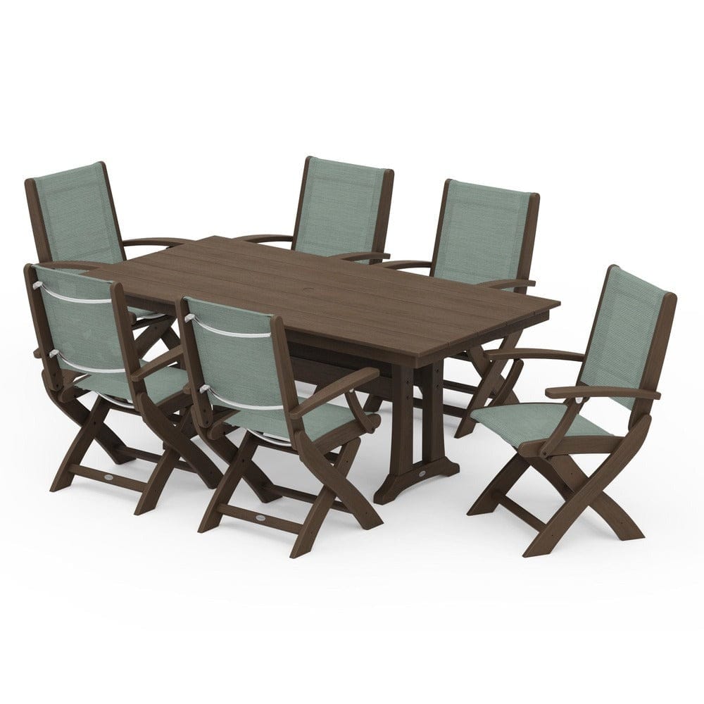 POLYWOOD® - Coastal Folding Arm Chair 7-Piece Farmhouse Dining Set with Trestle Legs - PWS292