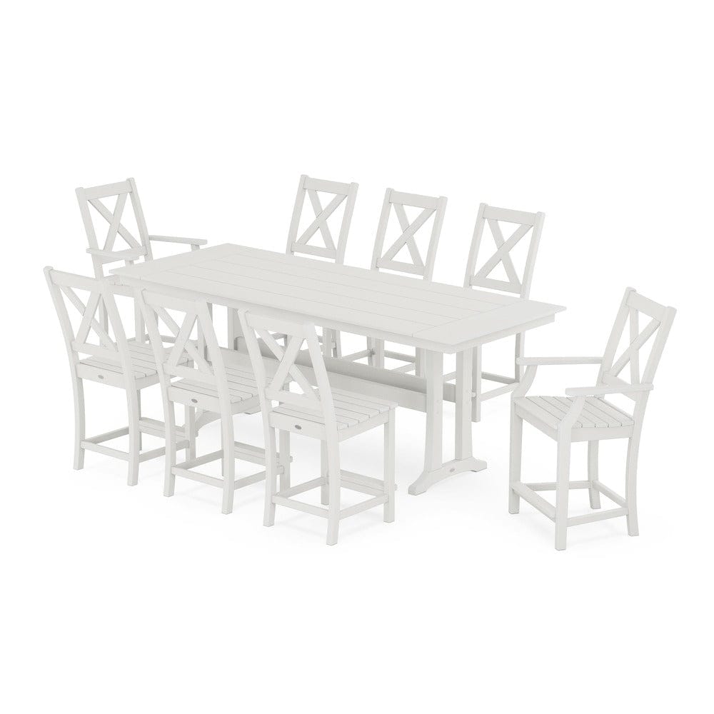 POLYWOOD® Braxton 9-Piece Farmhouse Counter Set with Trestle Legs - Vintage White PWS1895-1-VWH