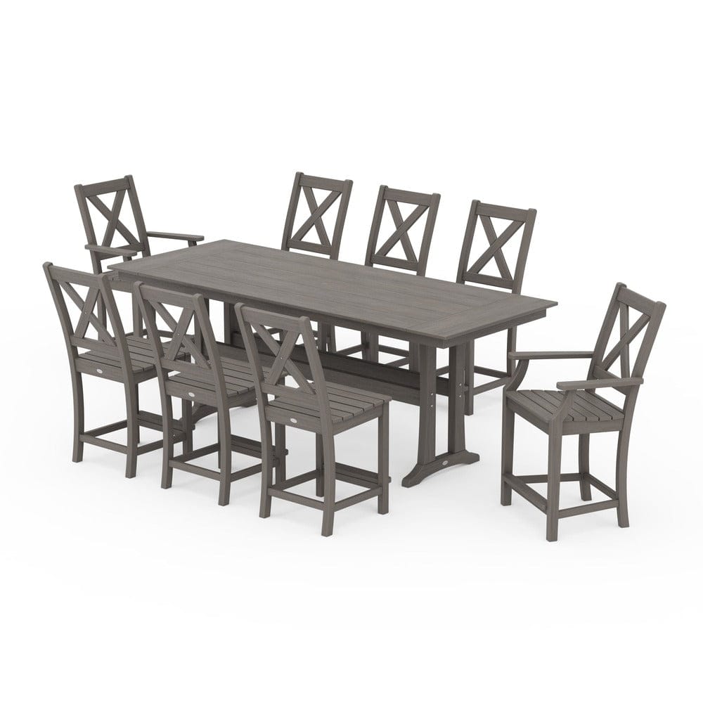 POLYWOOD® Braxton 9-Piece Farmhouse Counter Set with Trestle Legs - Driftwood PWS1895-1-NDW