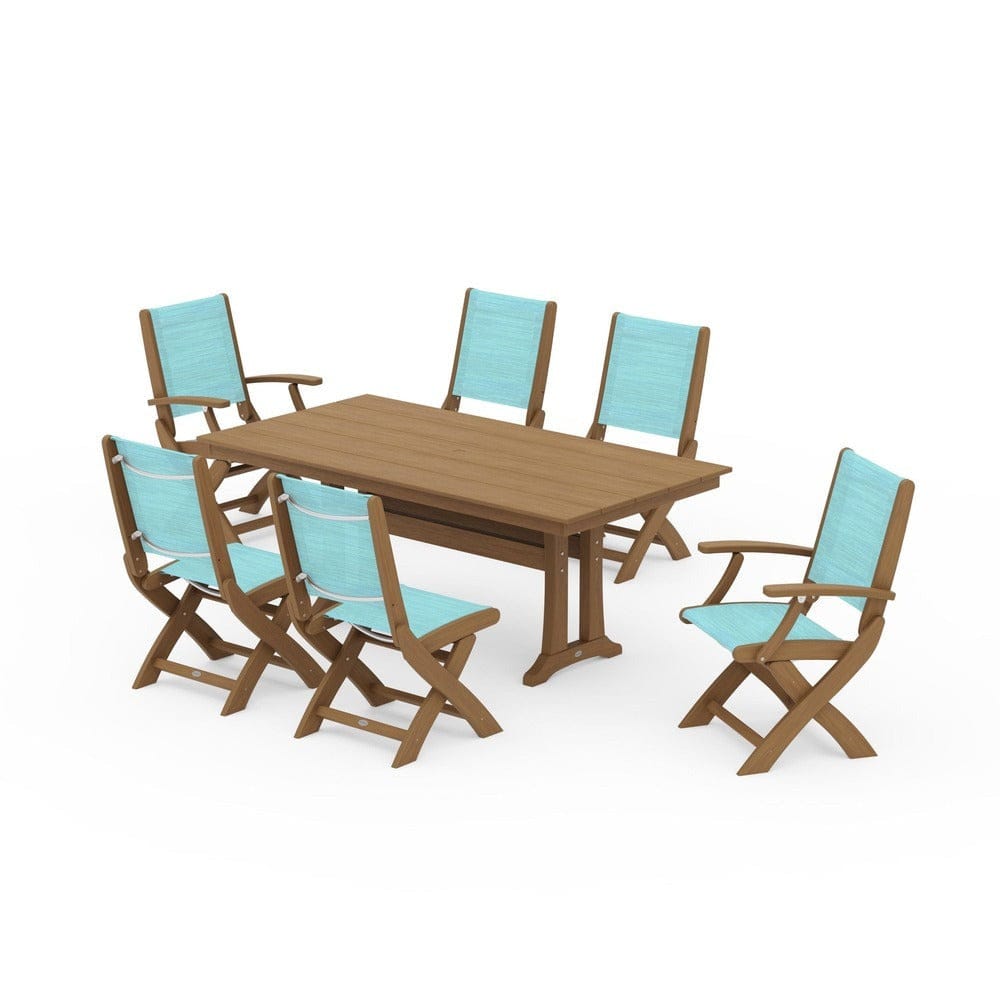 POLYWOOD® - Coastal Folding Chair 7-Piece Farmhouse Dining Set with Trestle Legs - PWS1001