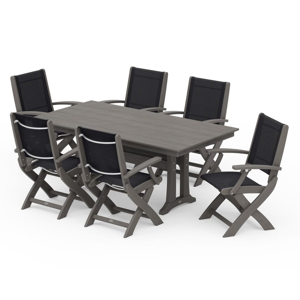 POLYWOOD® - Coastal Folding Arm Chair 7-Piece Farmhouse Dining Set with Trestle Legs - PWS292