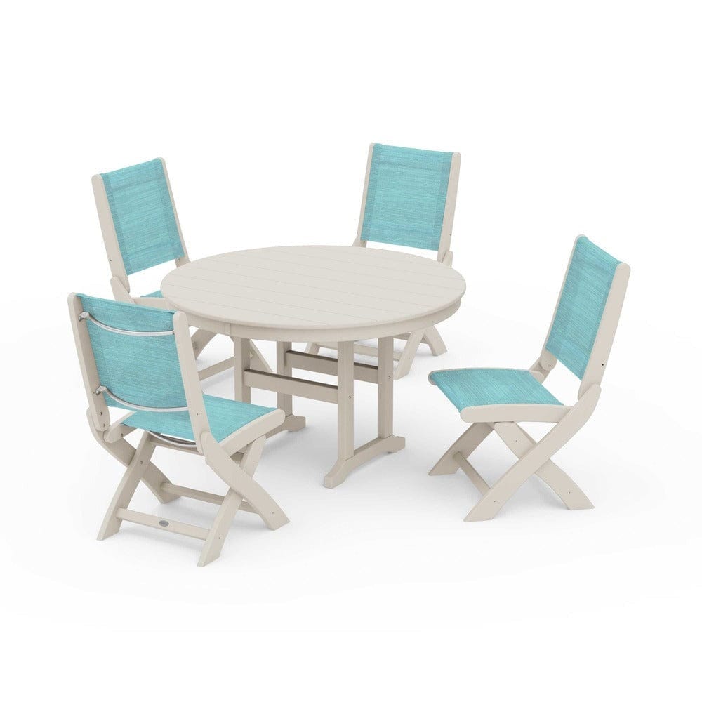POLYWOOD® - Coastal Folding Side Chair 5-Piece Round Dining Set - PWS1358 Outdoor Furniture POLYWOOD®