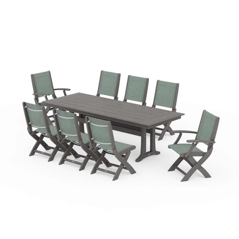 POLYWOOD® - Coastal 9-Piece Folding Dining Chair Farmhouse Dining Set with Trestle Legs - PWS1447