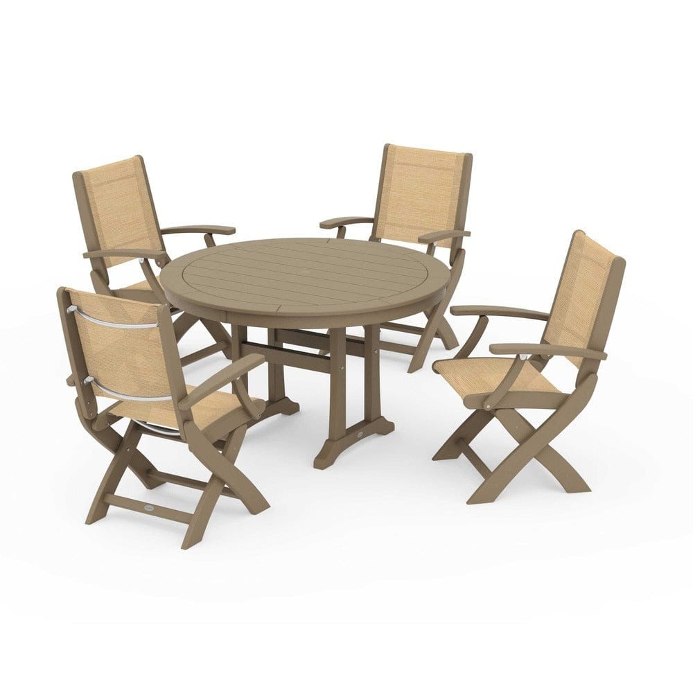 POLYWOOD® - Coastal Folding Chair 5-Piece Round Dining Set with Trestle Legs - PWS1120