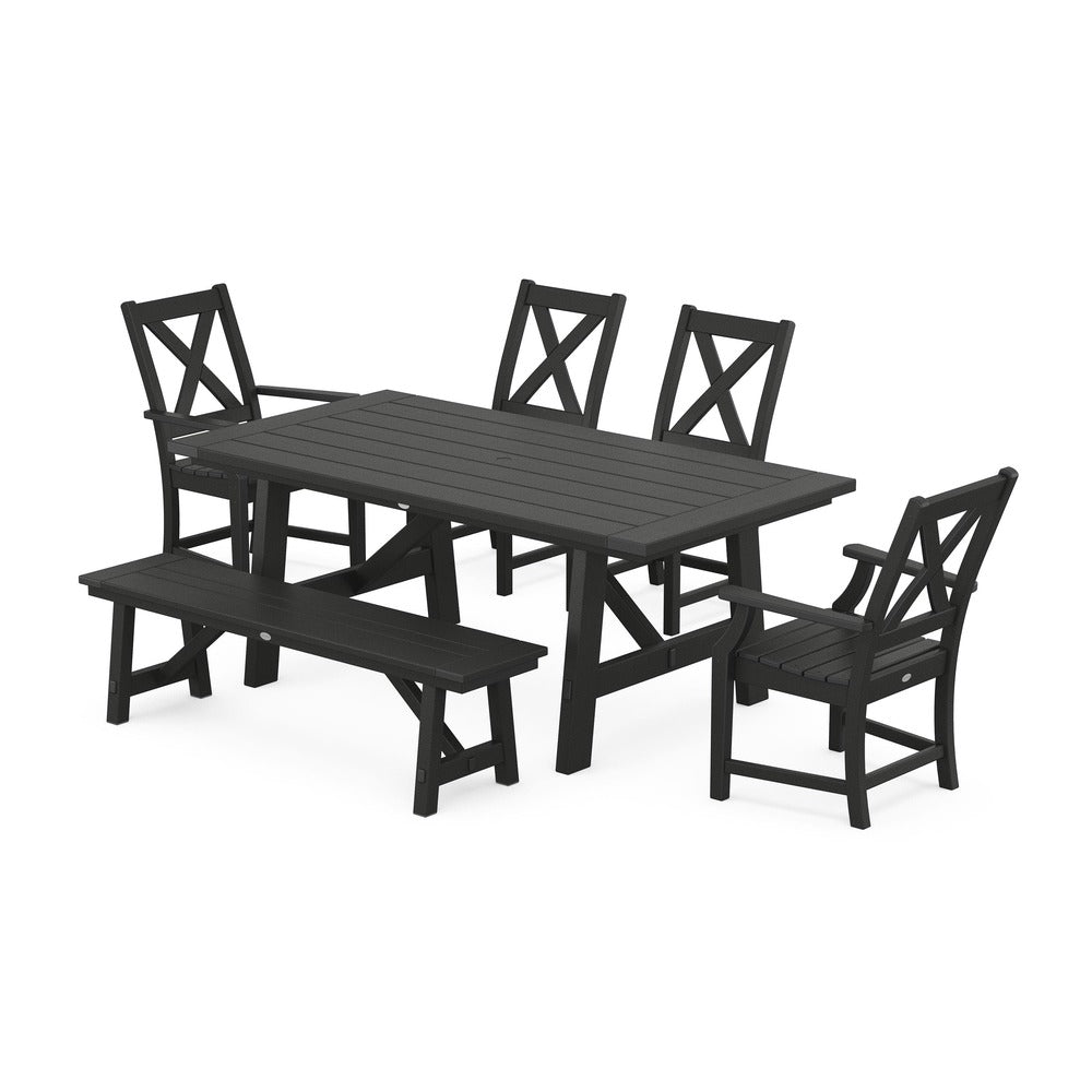 POLYWOOD® Braxton 6-Piece Rustic Farmhouse Dining Set With Trestle Legs - Black PWS1071-1-BL