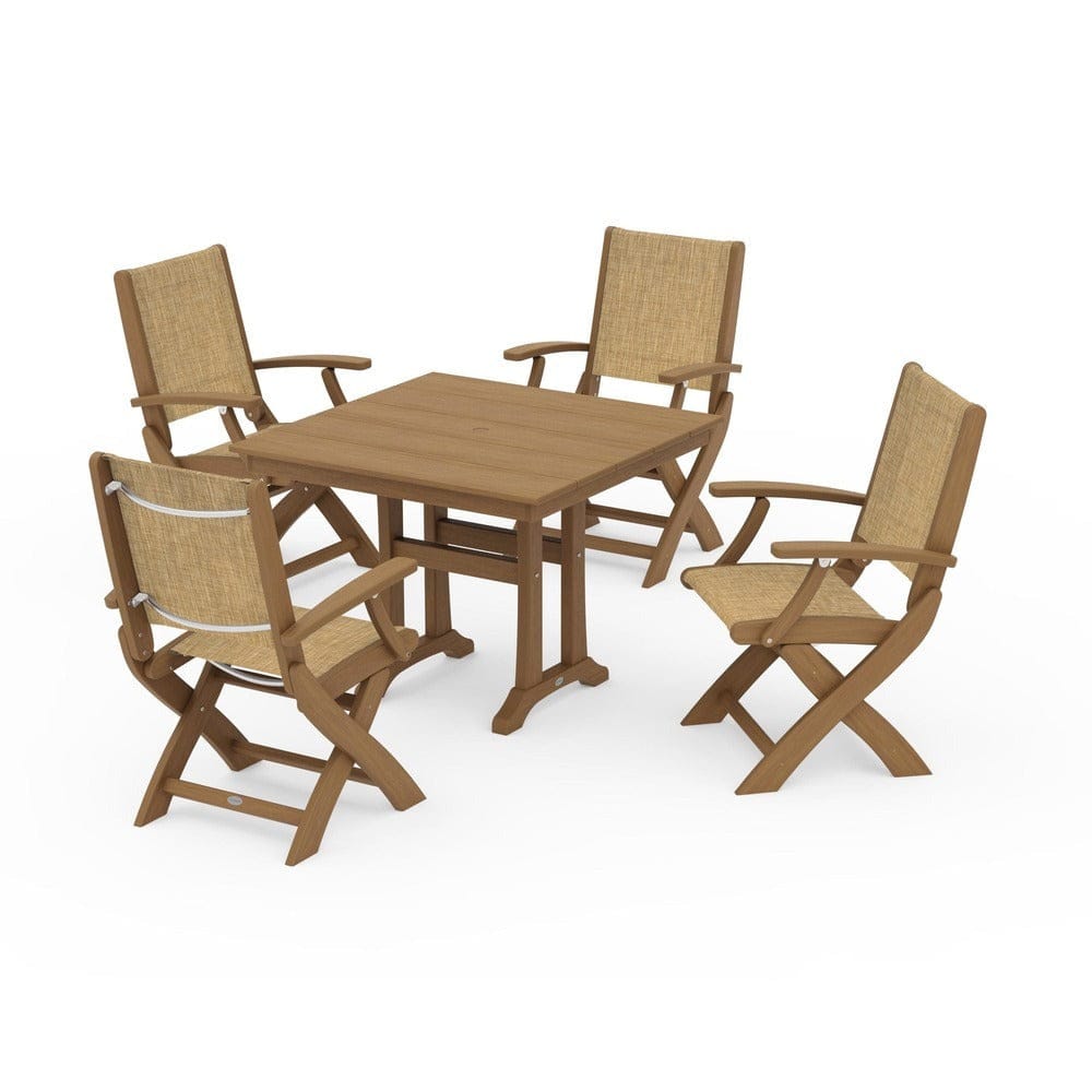 POLYWOOD® - Coastal Folding Chair 5-Piece Farmhouse Dining Set With Trestle Legs - PWS945