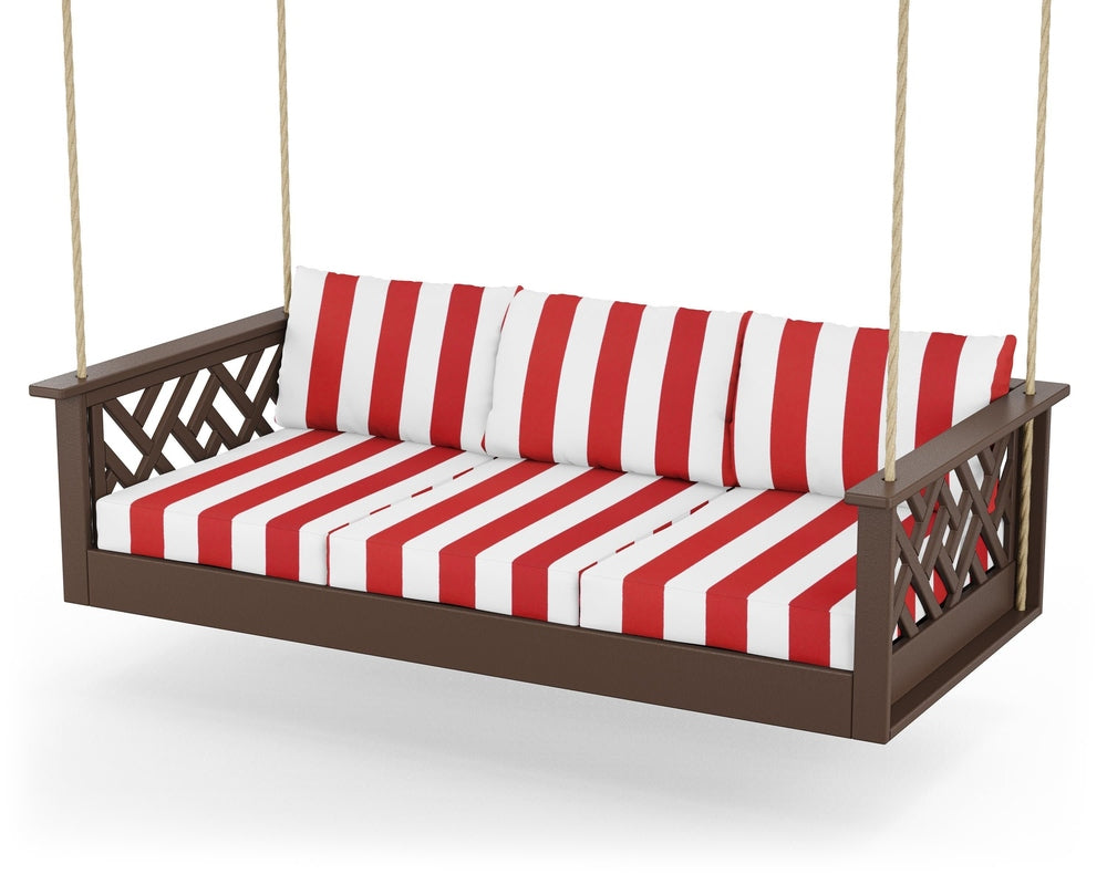 Chippendale Daybed Swing - Mahogany / Cabana Stripe Crimson