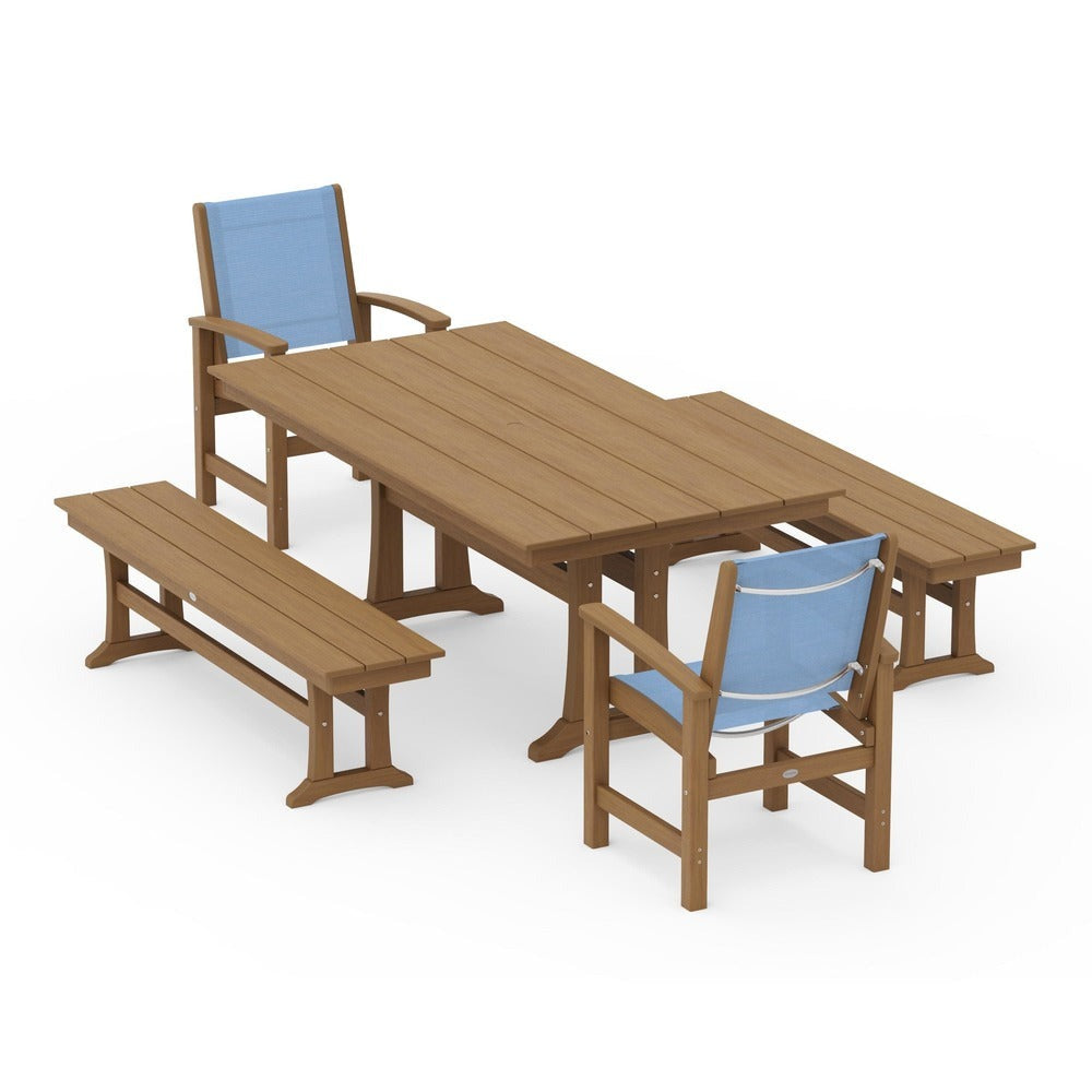 POLYWOOD® - Coastal 5-Piece Farmhouse Dining Set with Trestle Legs and Benches - PWS1000
