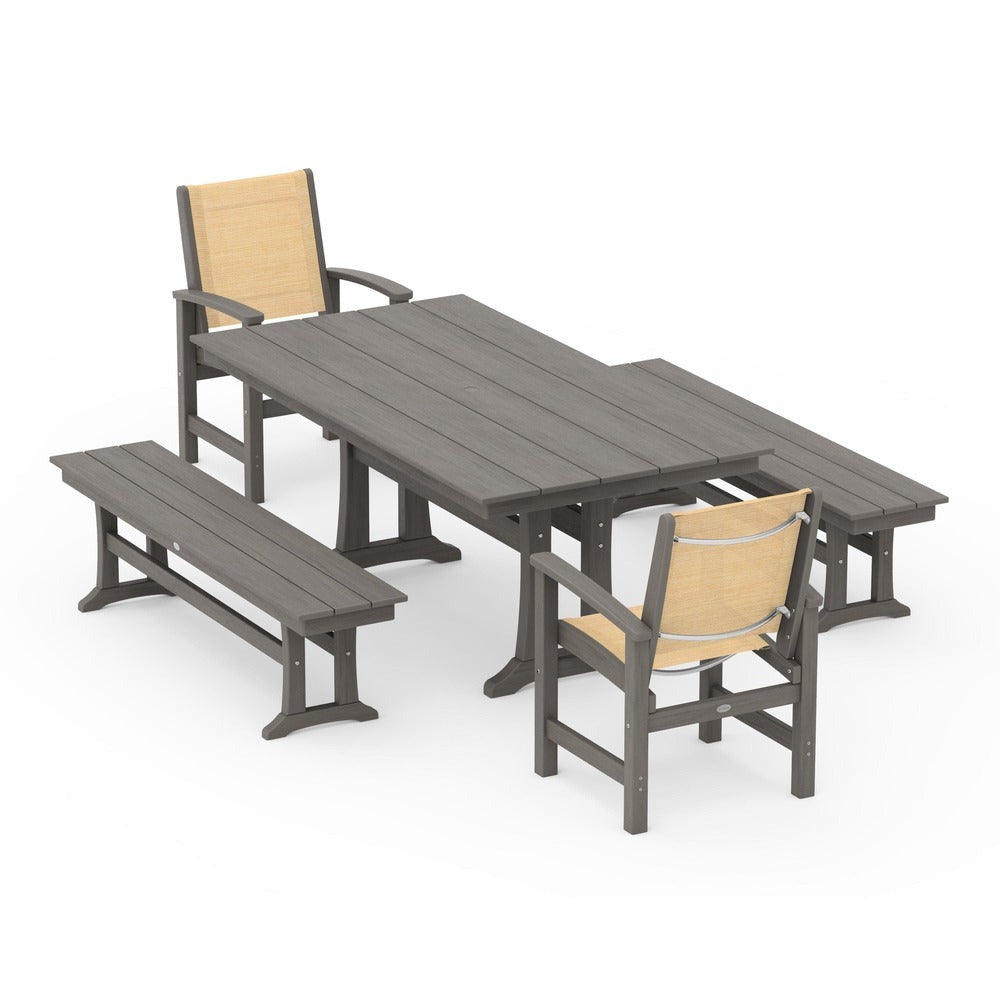 POLYWOOD® - Coastal 5-Piece Farmhouse Dining Set with Trestle Legs and Benches - PWS1000