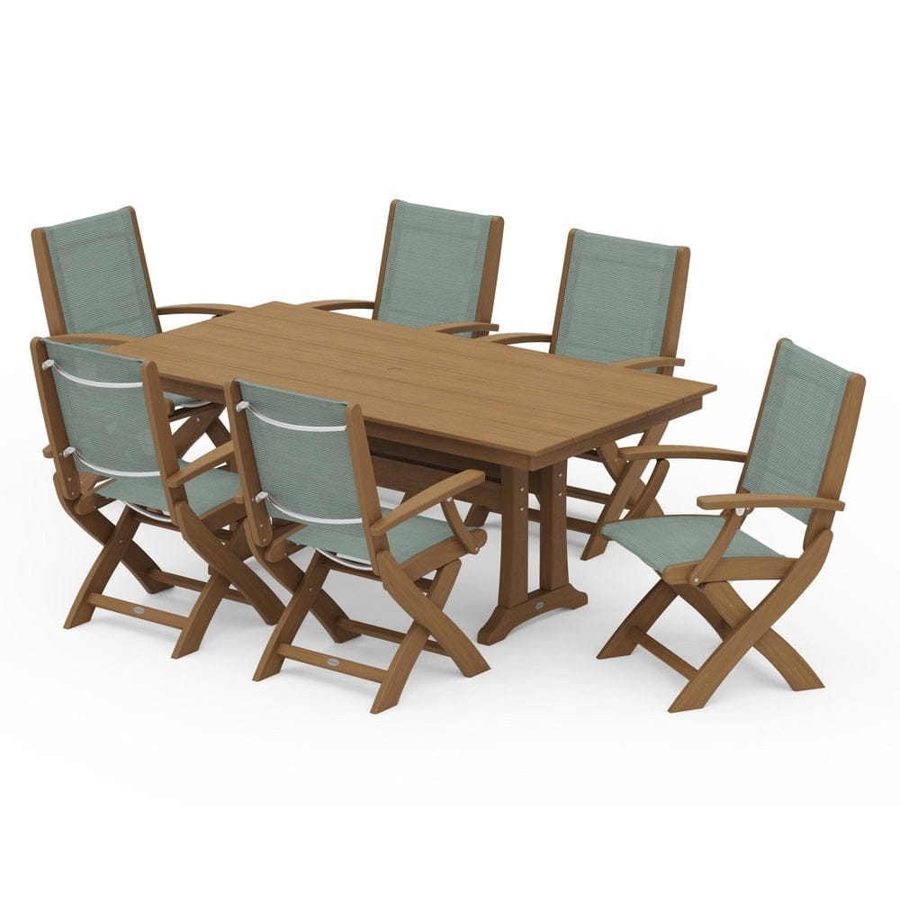 POLYWOOD® - Coastal Folding Arm Chair 7-Piece Farmhouse Dining Set with Trestle Legs - PWS292