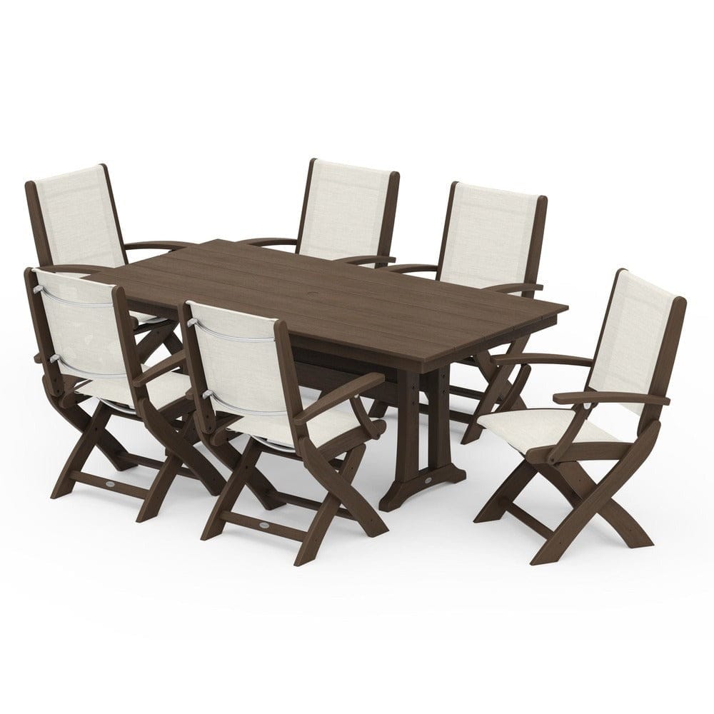 POLYWOOD® - Coastal Folding Arm Chair 7-Piece Farmhouse Dining Set with Trestle Legs - PWS292