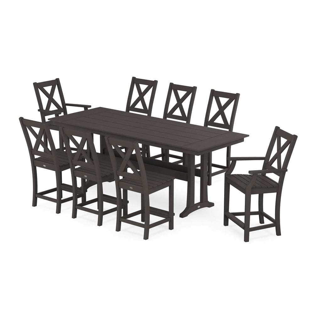 POLYWOOD® Braxton 9-Piece Farmhouse Counter Set with Trestle Legs - Vintage Coffee PWS1895-1-VCF