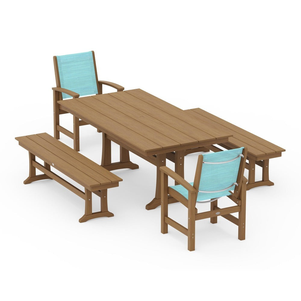 POLYWOOD® - Coastal 5-Piece Farmhouse Dining Set with Trestle Legs and Benches - PWS1000