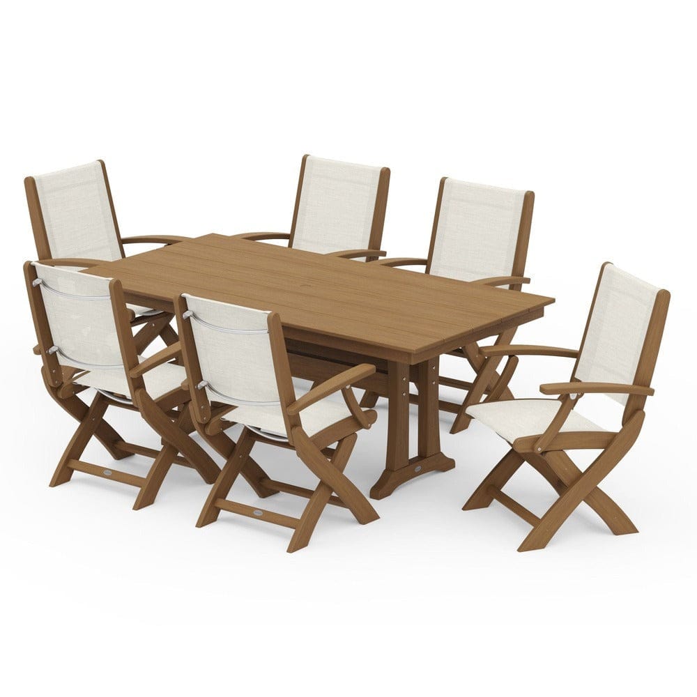 POLYWOOD® - Coastal Folding Arm Chair 7-Piece Farmhouse Dining Set with Trestle Legs - PWS292