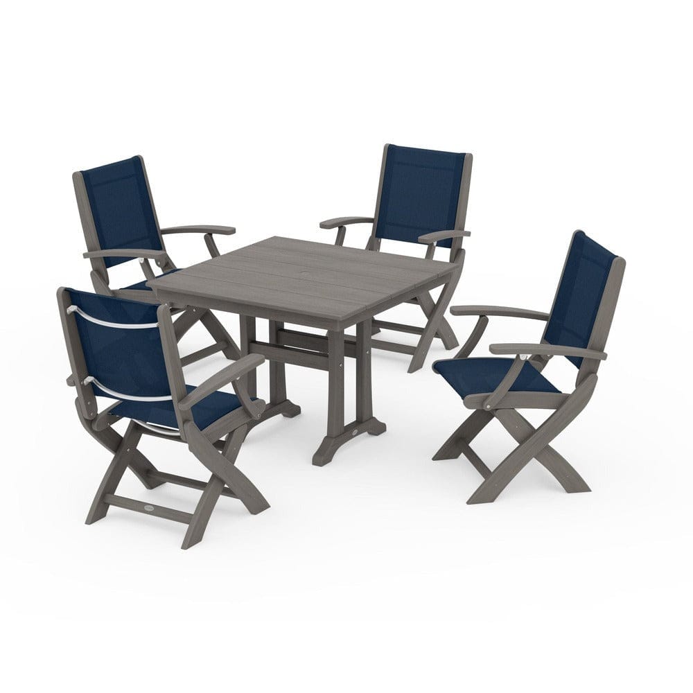POLYWOOD® - Coastal Folding Chair 5-Piece Farmhouse Dining Set With Trestle Legs - PWS945