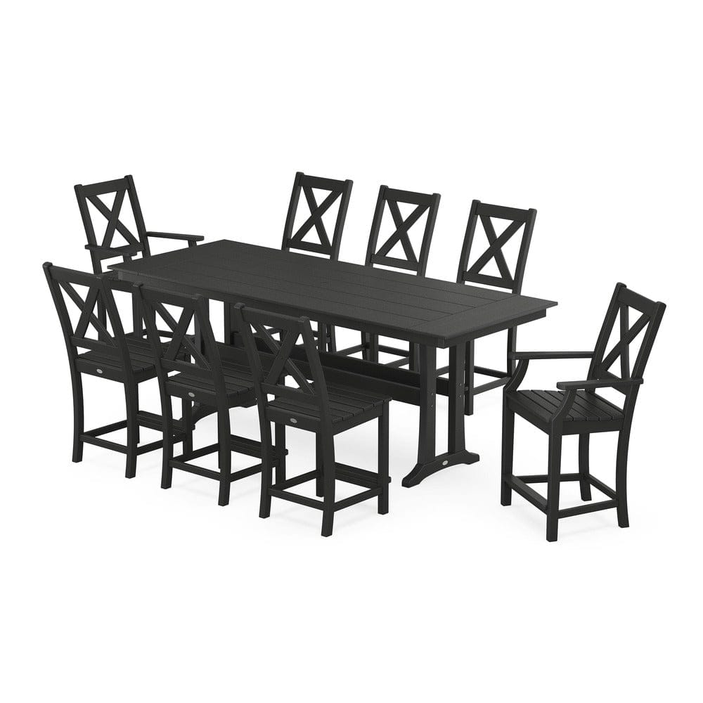 POLYWOOD® Braxton 9-Piece Farmhouse Counter Set with Trestle Legs - Black PWS1895-1-BL