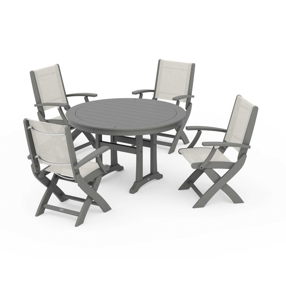 POLYWOOD® - Coastal Folding Chair 5-Piece Round Dining Set with Trestle Legs - PWS1120 Outdoor Furniture POLYWOOD®