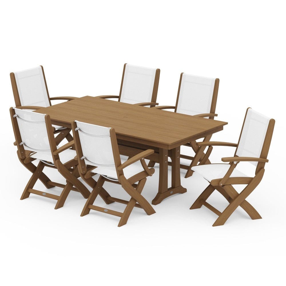 POLYWOOD® - Coastal Folding Arm Chair 7-Piece Farmhouse Dining Set with Trestle Legs - PWS292