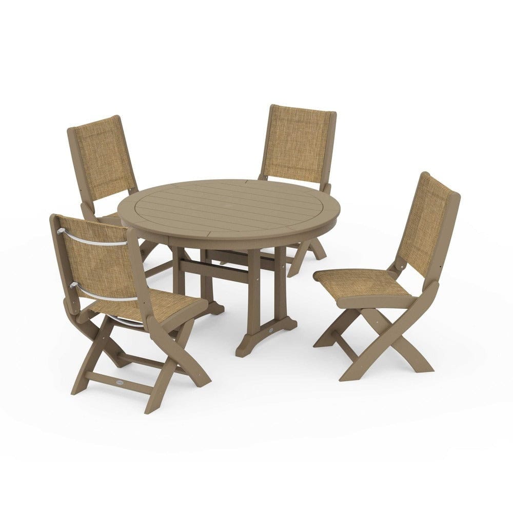 POLYWOOD® - Coastal Folding Side Chair 5-Piece Round Dining Set With Trestle Legs - PWS1121