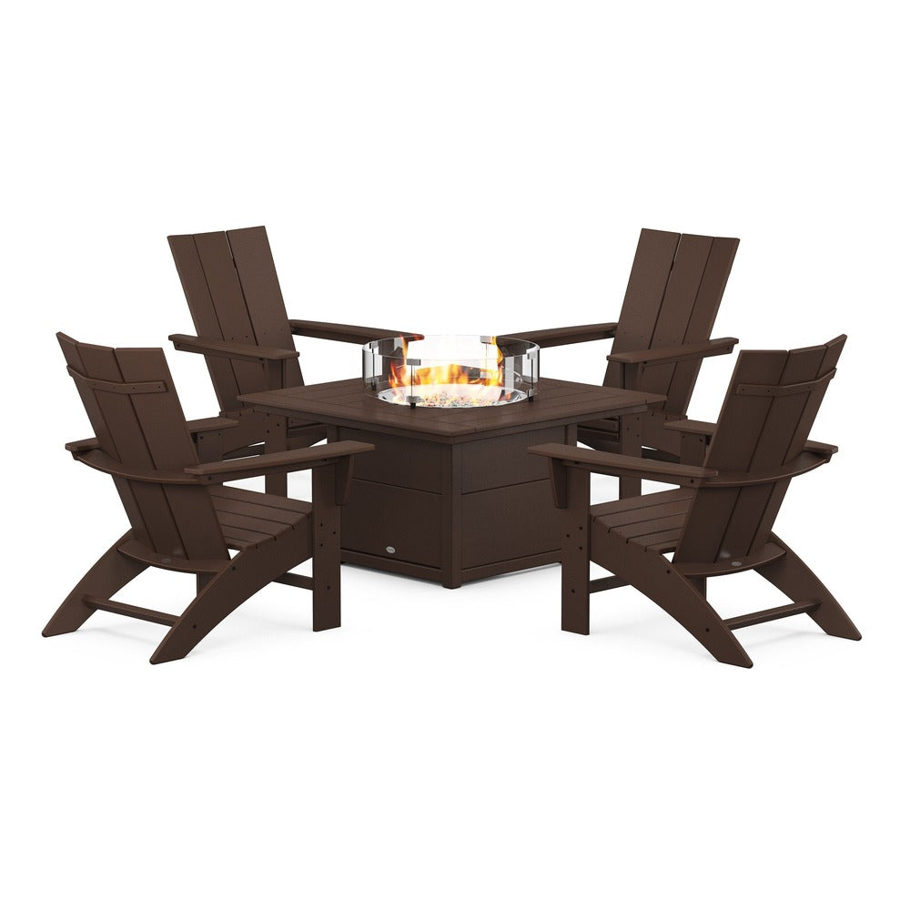 POLYWOOD® Modern Curveback Adirondack 5-Piece Conversation Set with Fire Pit Table - PWS412-1 Fire Table POLYWOOD®