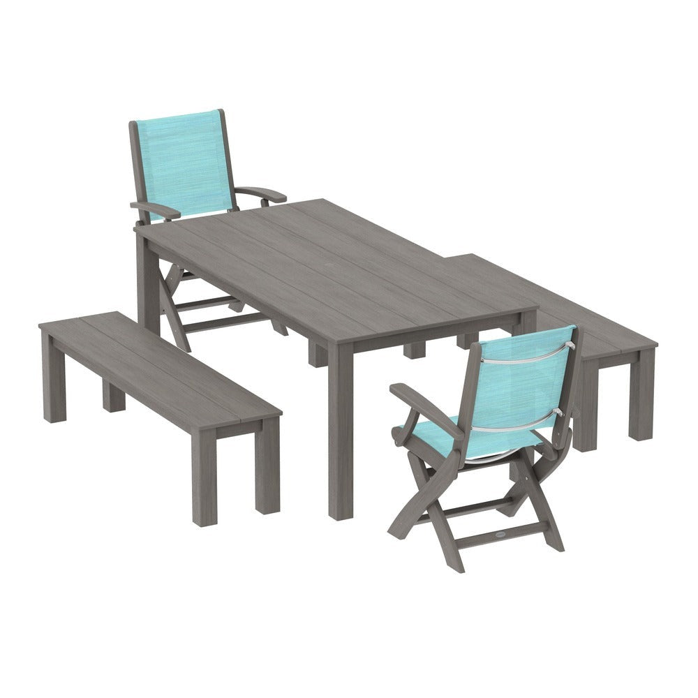 POLYWOOD® - Coastal Folding Chair 5-Piece Parsons Dining Set with Benches - PWS2273